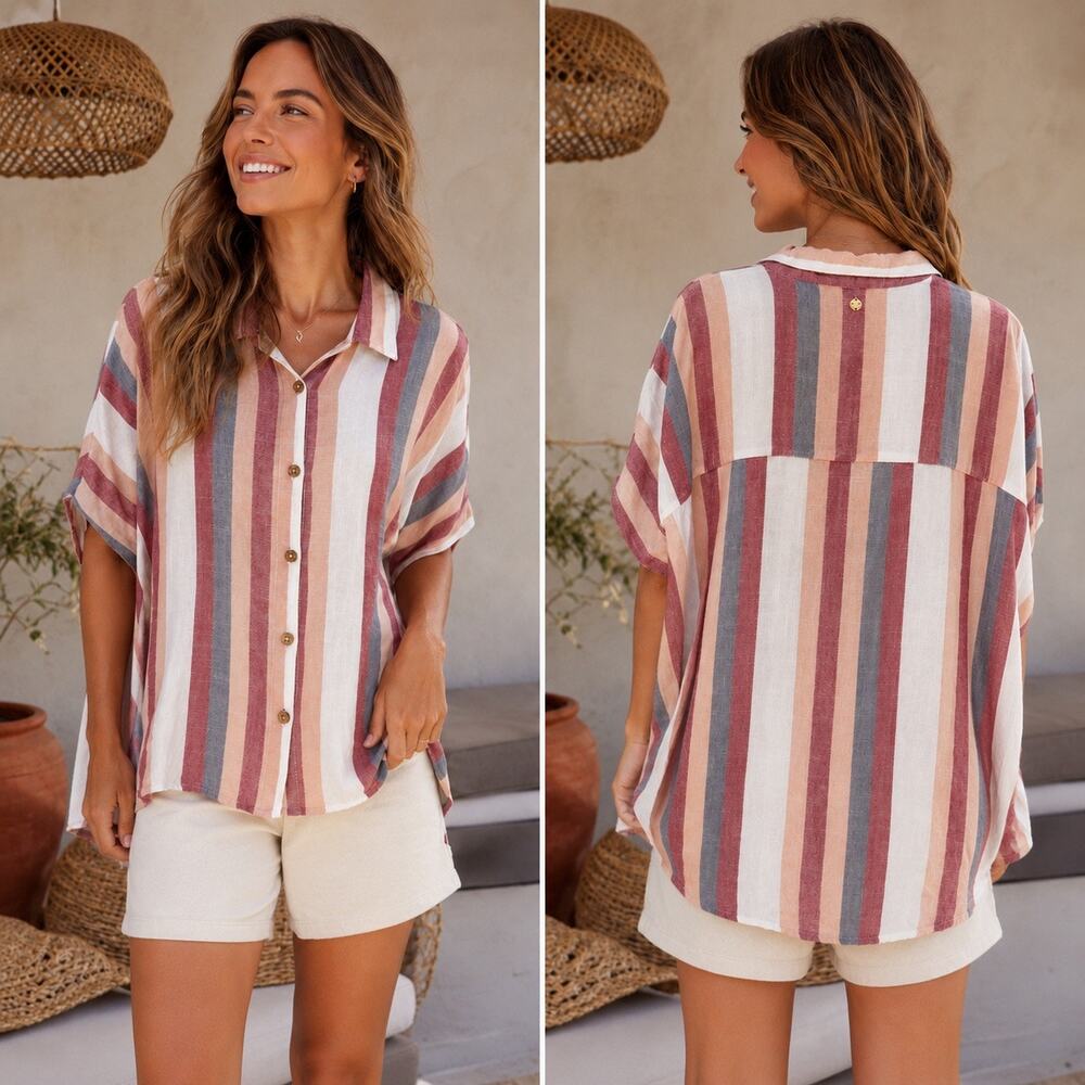 Rip Curl Size S Striped Button Front Top Oversized Beach Coastal Boho Blouse
